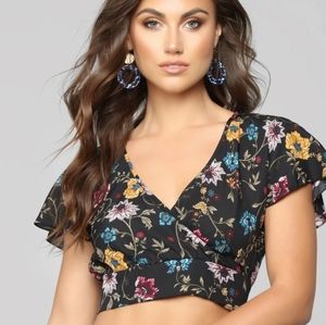 Fashionnova Floral Surplice Crop Top Black